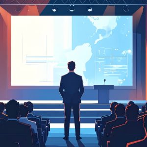Man standing looking at presentation next to an audience