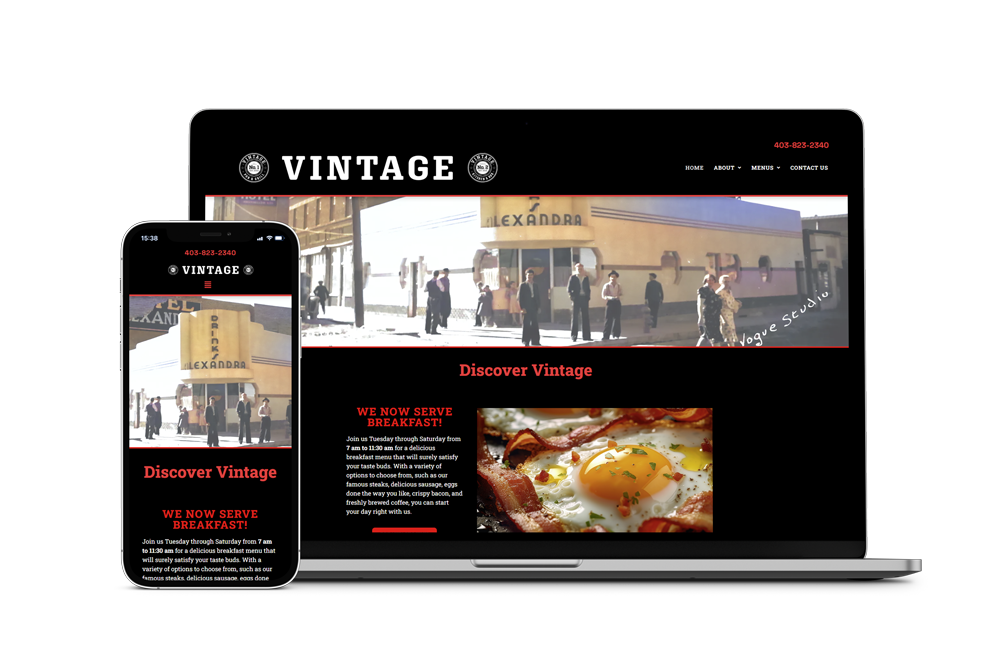 Vintage Taphouse and Bar website on computer and phone